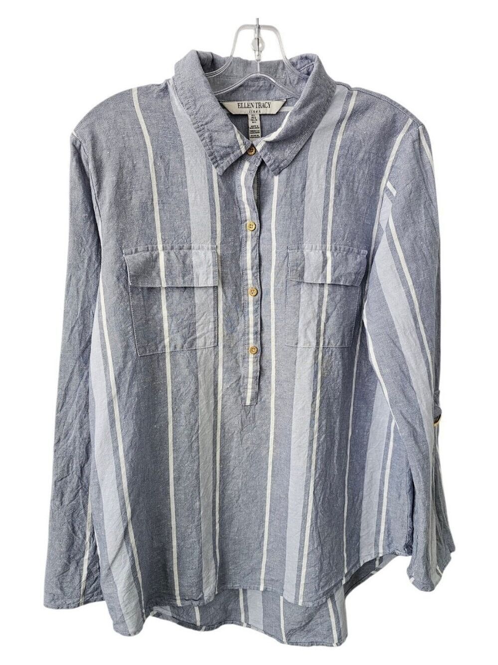 ELLEN TRACY Linen Blend Blue Striped Roll Tab Casual  Shirt Size Large